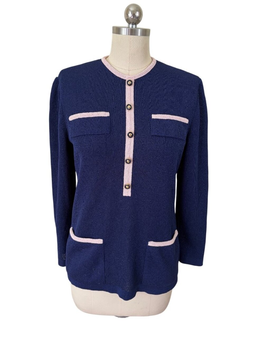 Castleberry VTG Lady Jacket Knit Medium Blue Pink Taping Quiet Luxury Old Money
